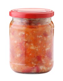 Photo of Tasty lecho in jar isolated on white