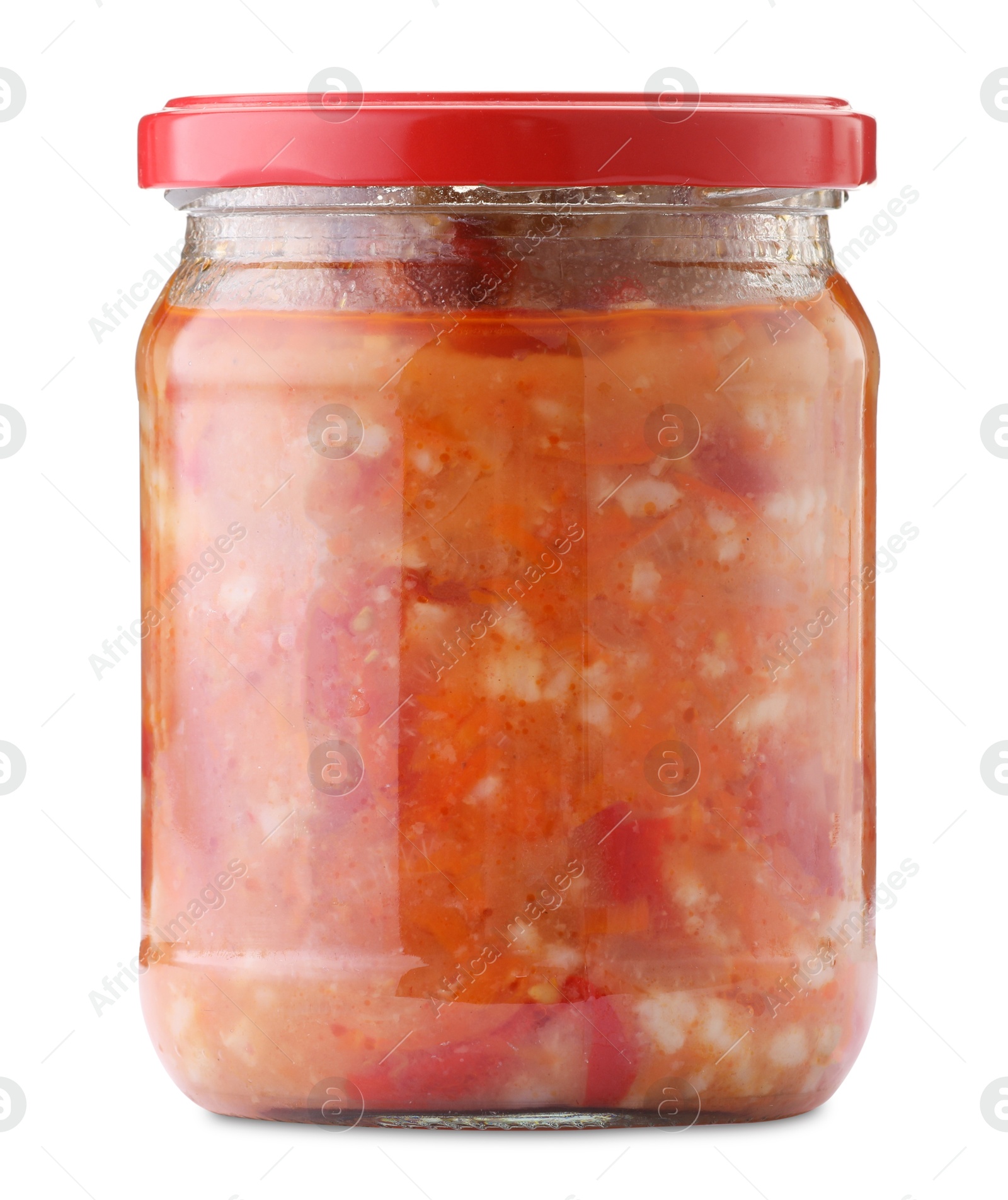 Tasty lecho in jar isolated on white Photo of Tasty lecho in jar isolated on white