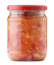 Photo of Tasty lecho in jar isolated on white