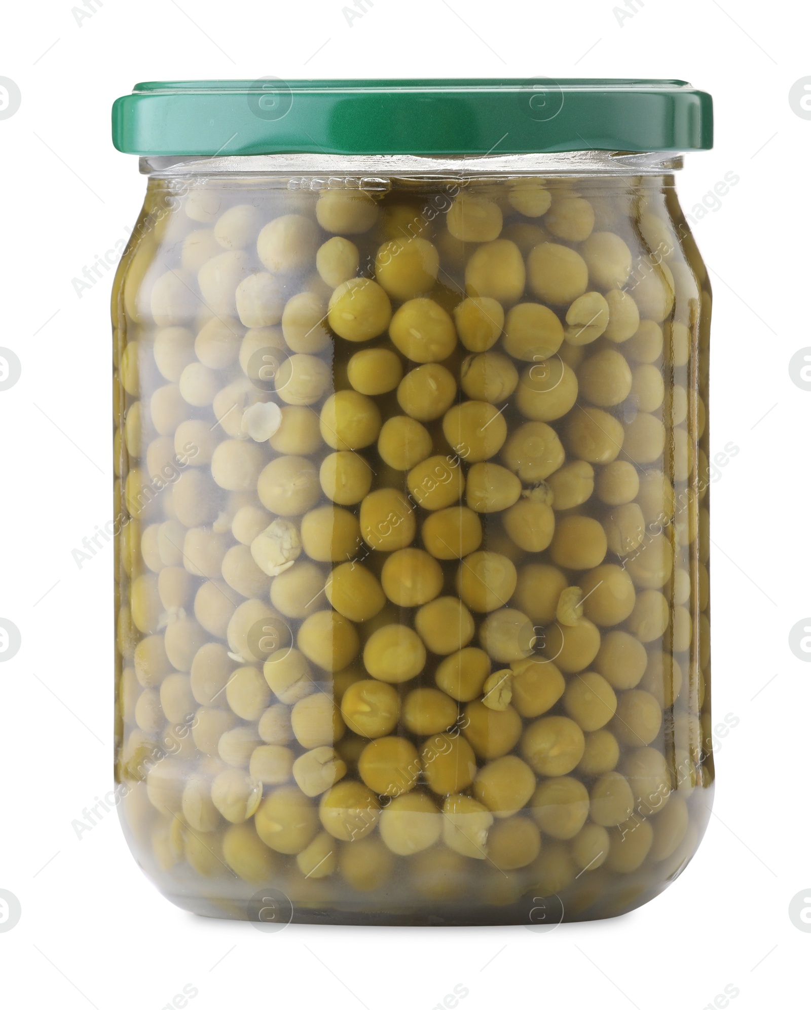 Tasty pickled peas in jar isolated on white Photo of Tasty pickled peas in jar isolated on white