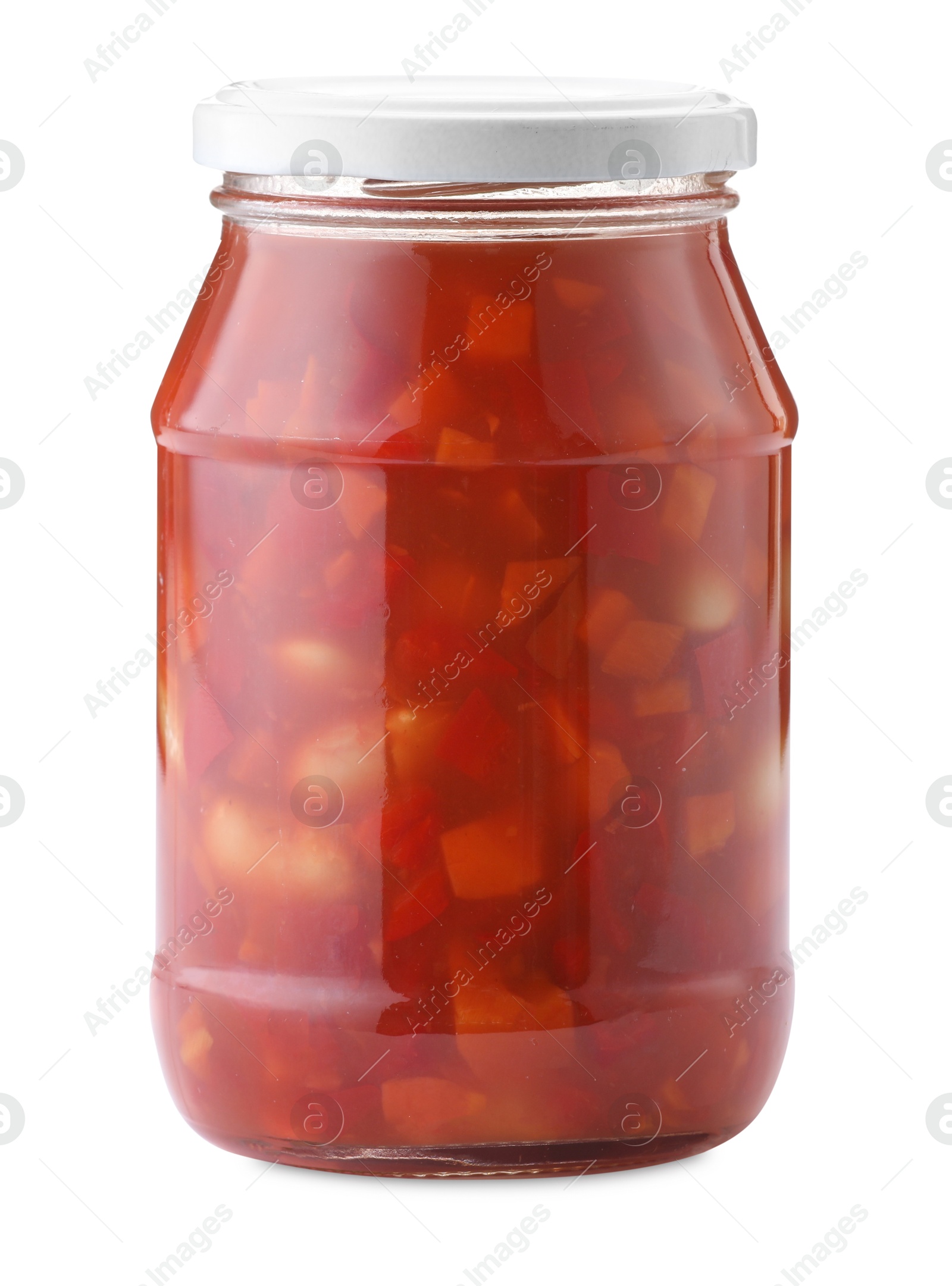 Chopped pickled vegetables in jar isolated on white Photo of Chopped pickled vegetables in jar isolated on white