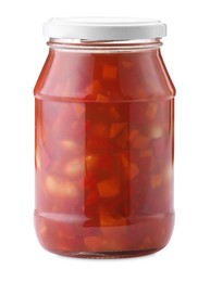 Photo of Chopped pickled vegetables in jar isolated on white