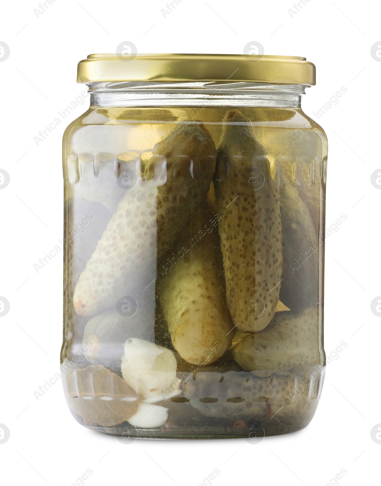 Tasty pickles in jar isolated on white Photo of Tasty pickles in jar isolated on white