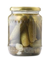 Photo of Tasty pickles in jar isolated on white