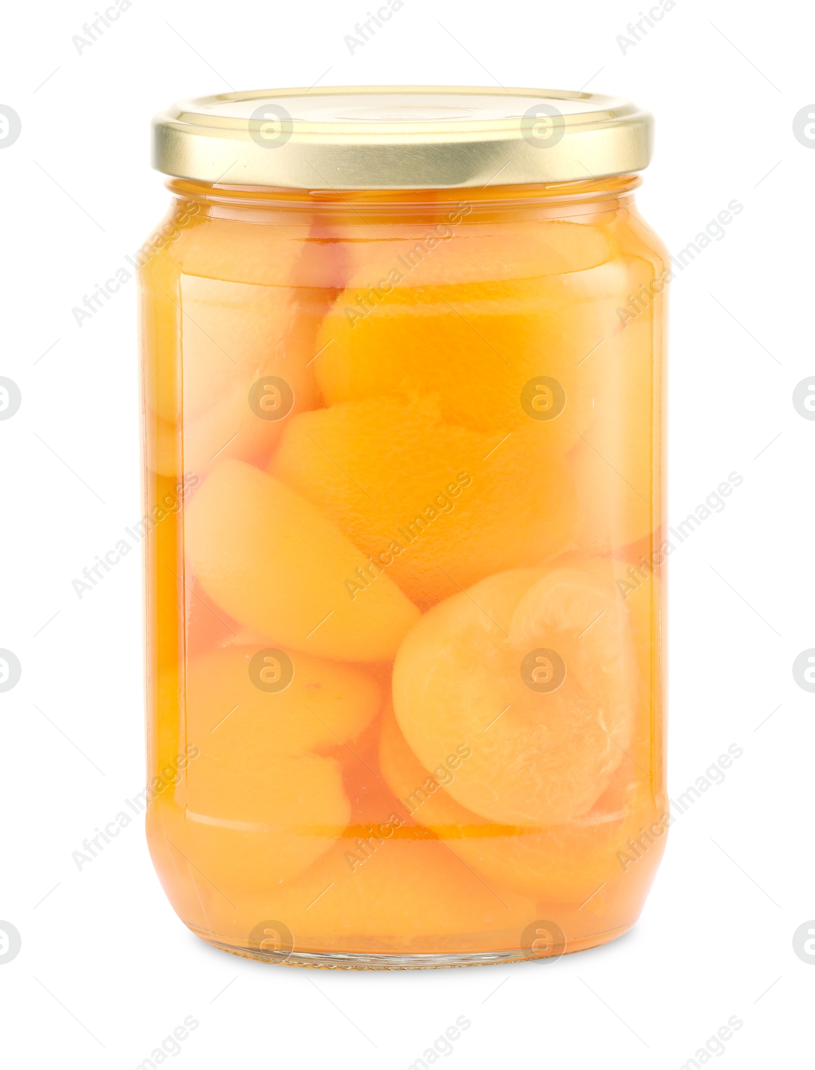 Tasty canned apricots in jar isolated on white Photo of Tasty canned apricots in jar isolated on white