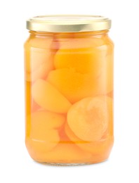 Photo of Tasty canned apricots in jar isolated on white