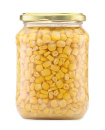 Photo of Tasty pickled corn kernels in jar isolated on white