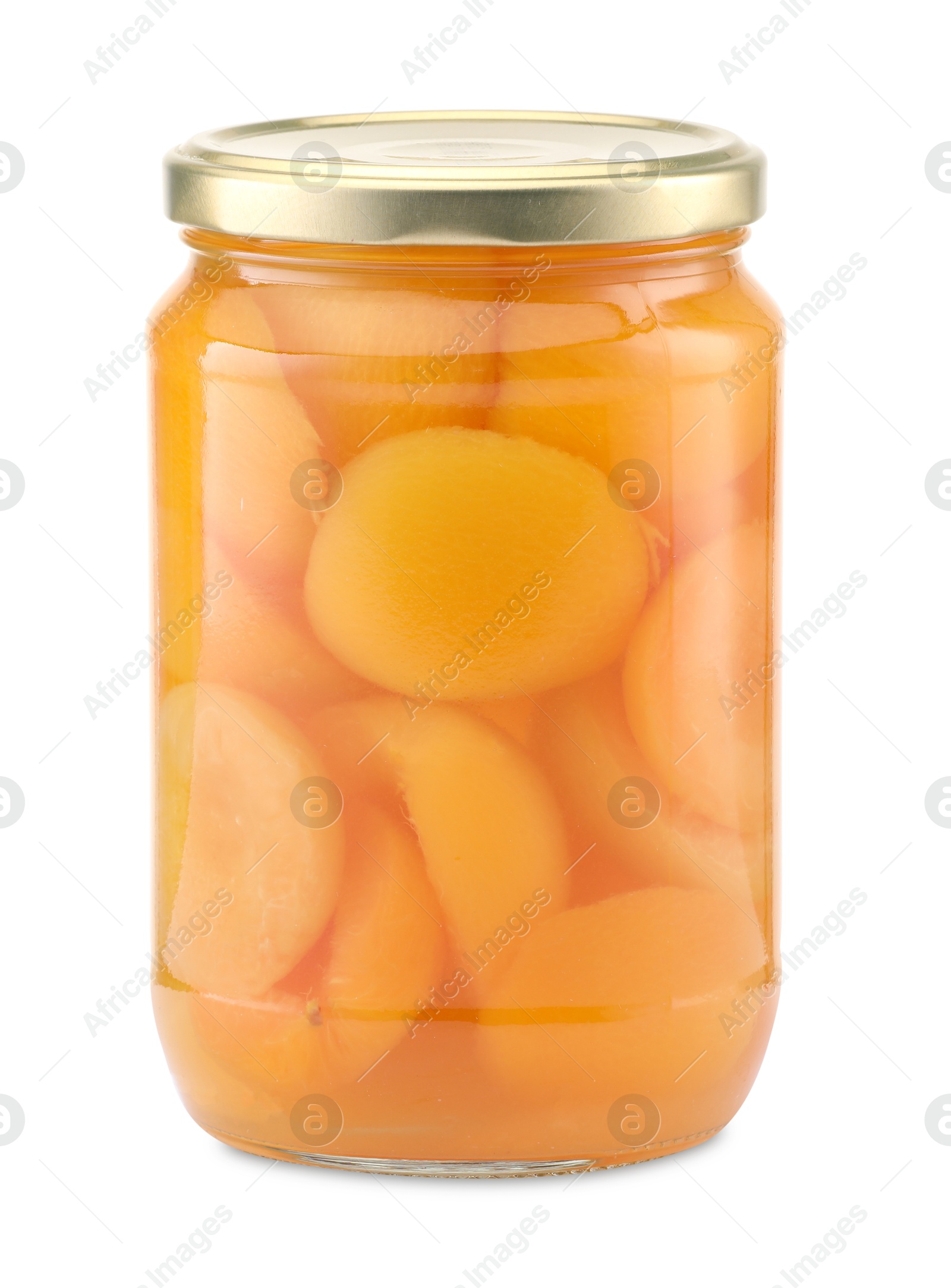 Tasty canned apricots in jar isolated on white Photo of Tasty canned apricots in jar isolated on white