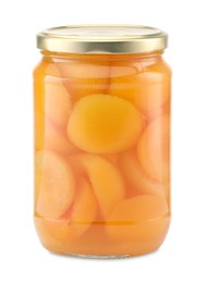 Photo of Tasty canned apricots in jar isolated on white