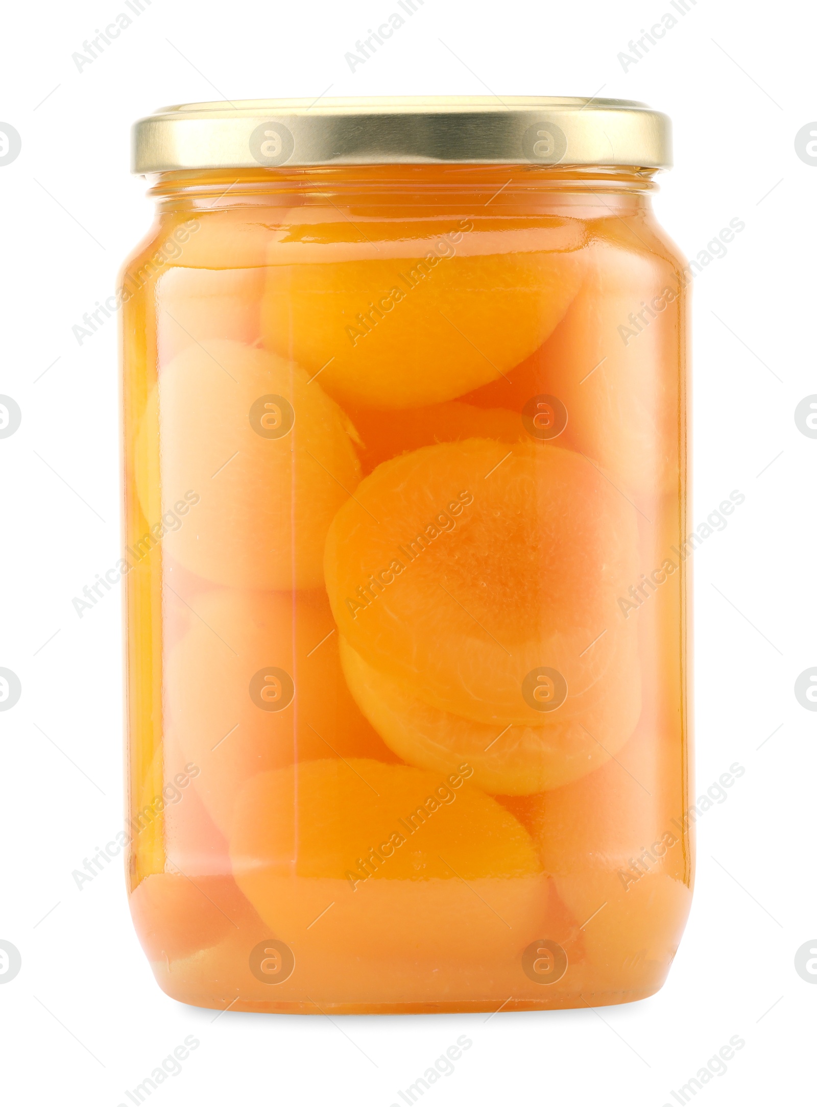 Tasty canned apricots in jar isolated on white Photo of Tasty canned apricots in jar isolated on white