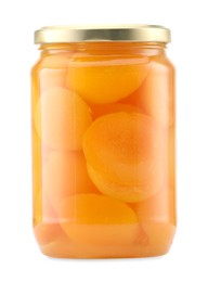 Photo of Tasty canned apricots in jar isolated on white