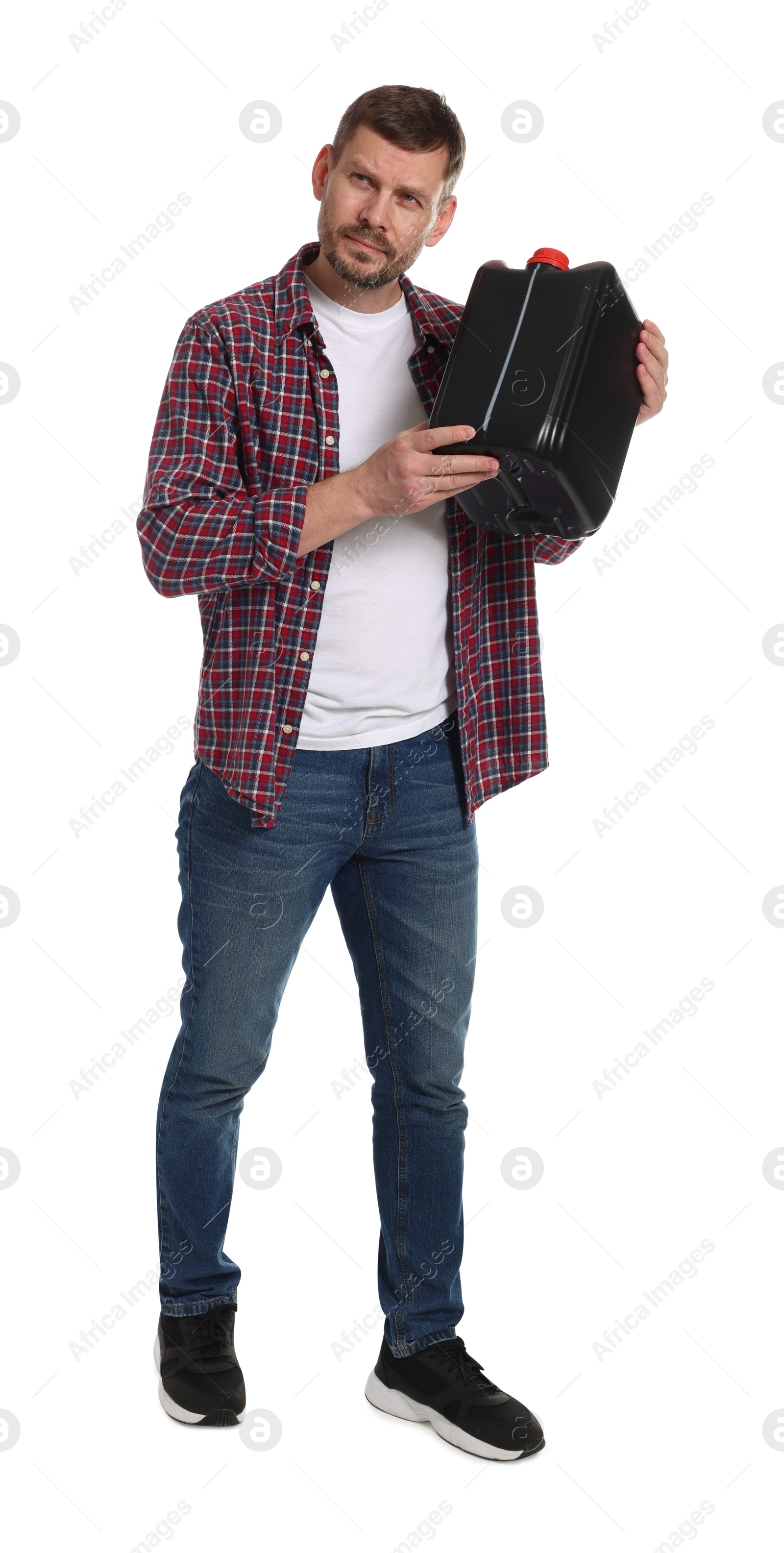 Man holding plastic canister on white background Photo of Man holding plastic canister on white background