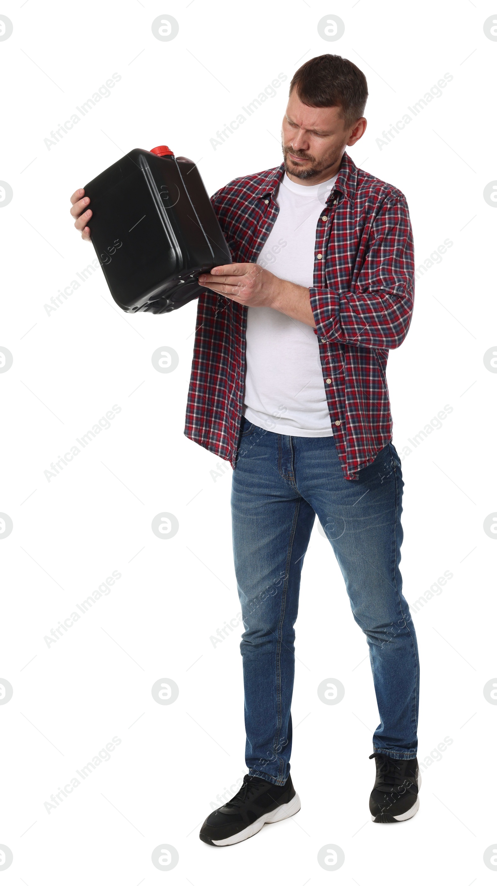 Man holding plastic canister on white background Photo of Man holding plastic canister on white background