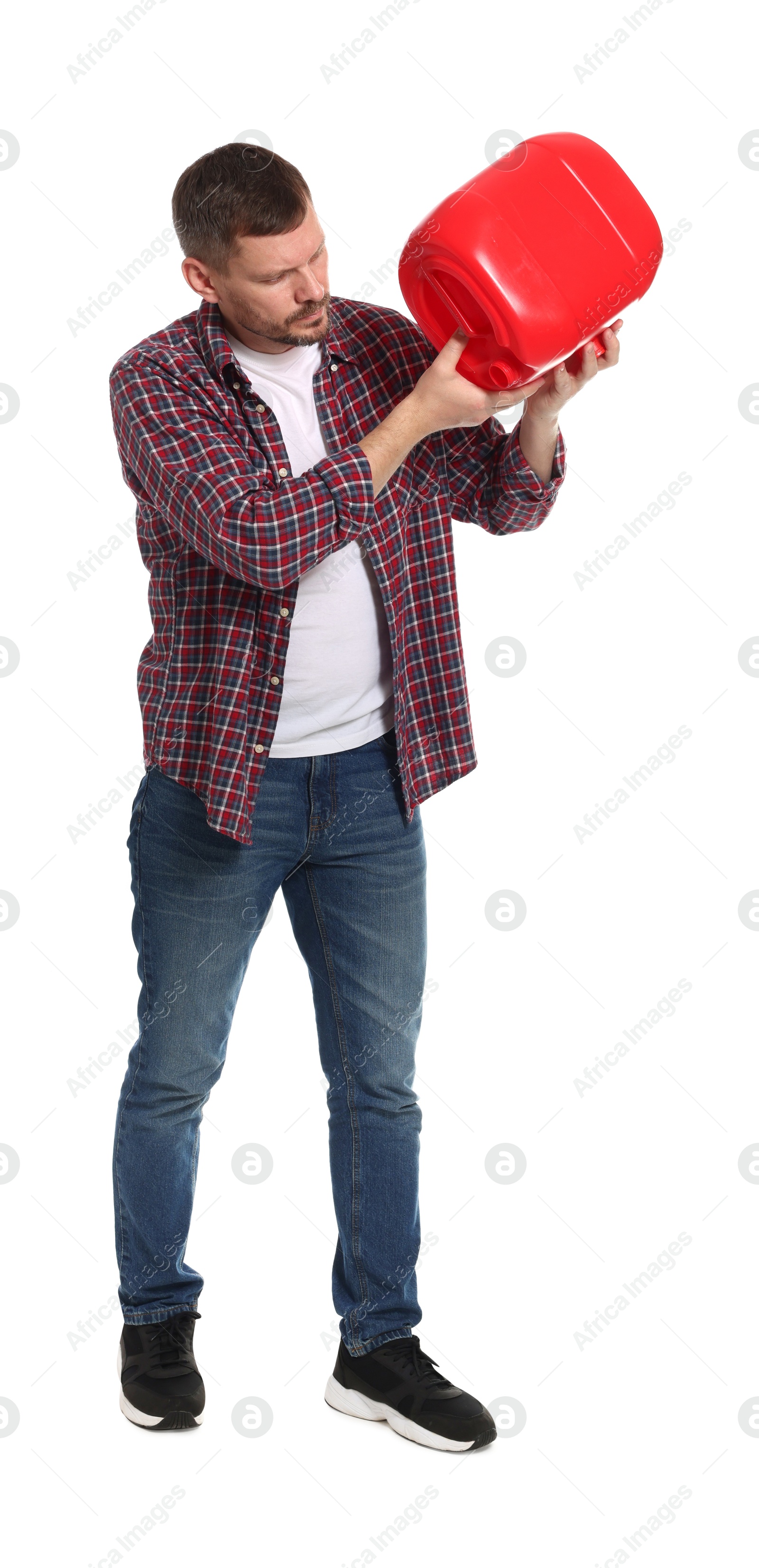 Man holding plastic canister on white background Photo of Man holding plastic canister on white background