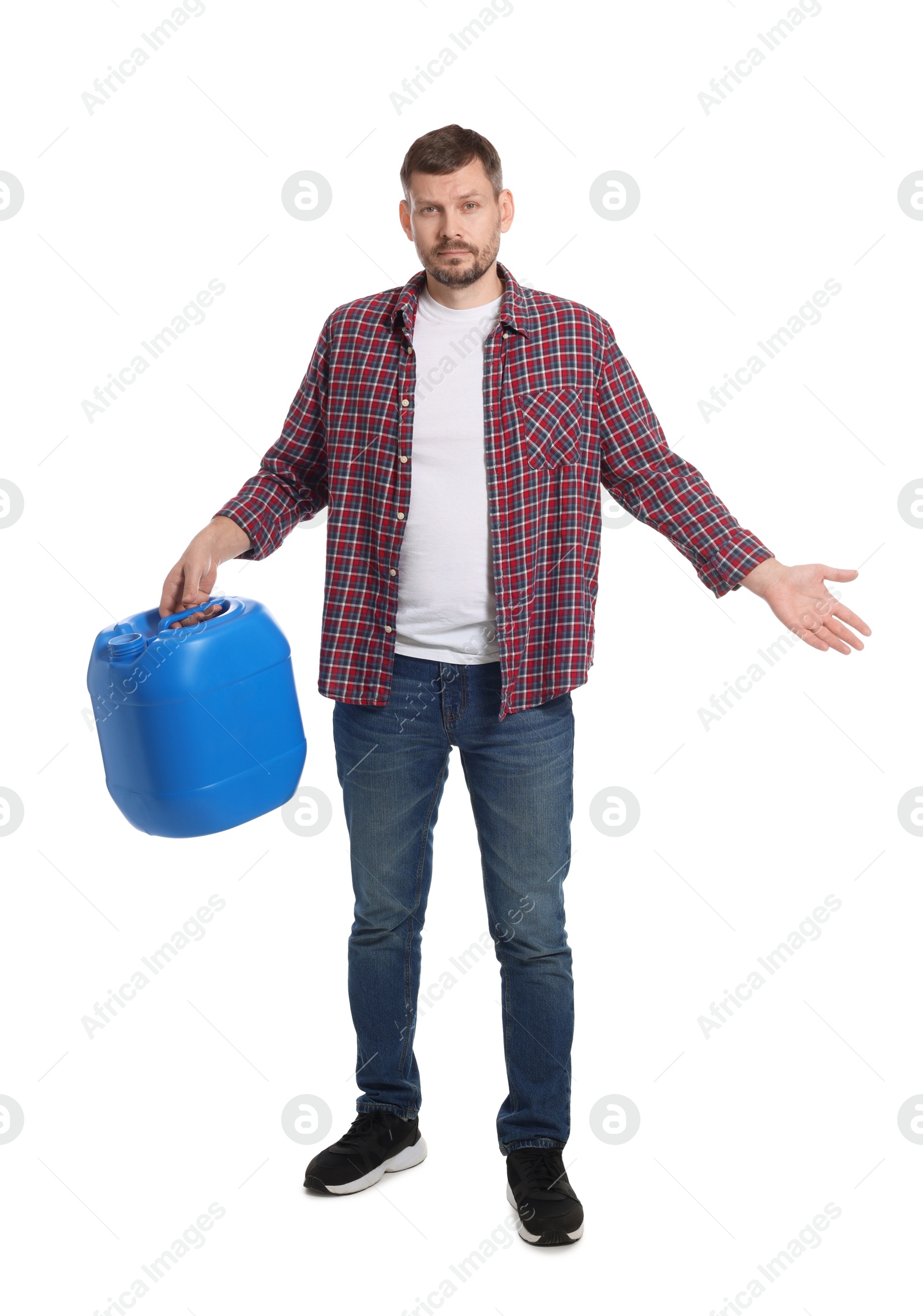 Man holding plastic canister on white background Photo of Man holding plastic canister on white background