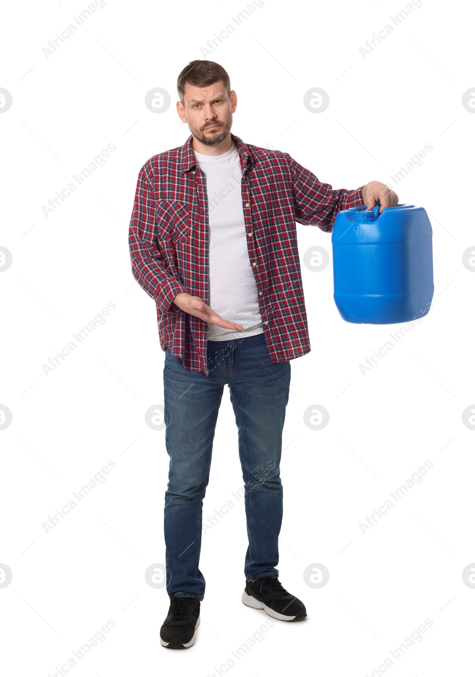 Man holding plastic canister on white background Photo of Man holding plastic canister on white background
