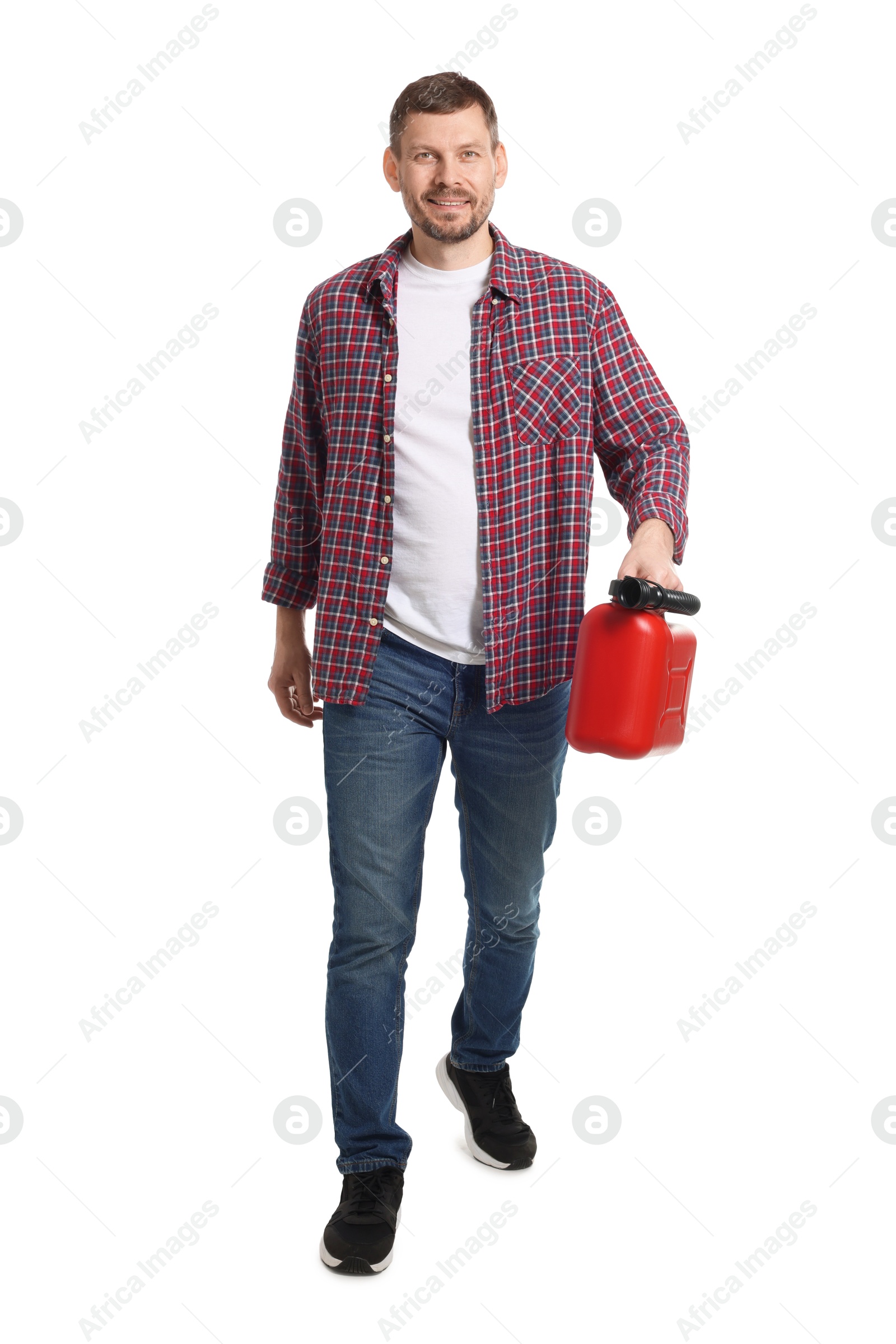 Man holding plastic canister on white background Photo of Man holding plastic canister on white background