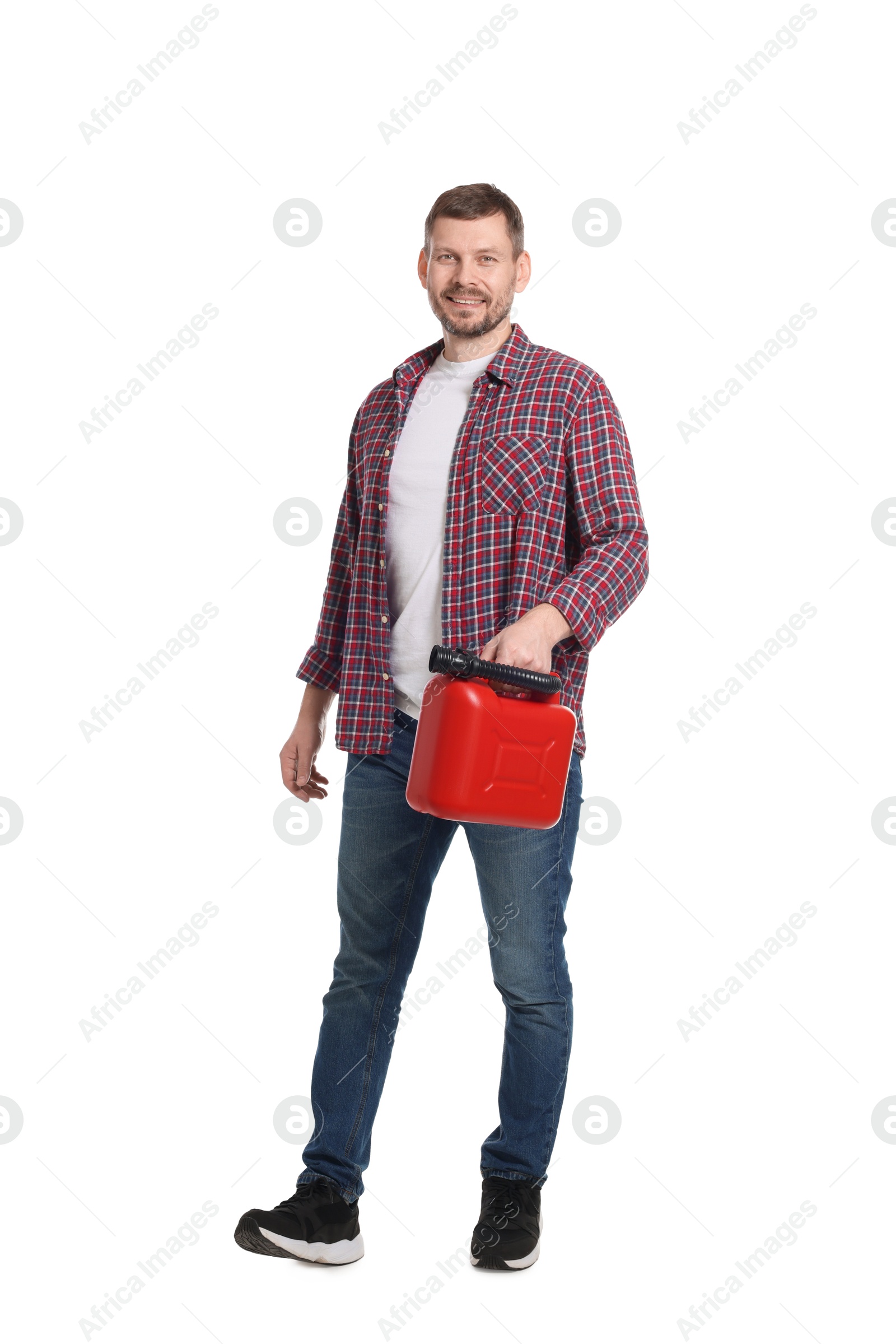 Man holding plastic canister on white background Photo of Man holding plastic canister on white background