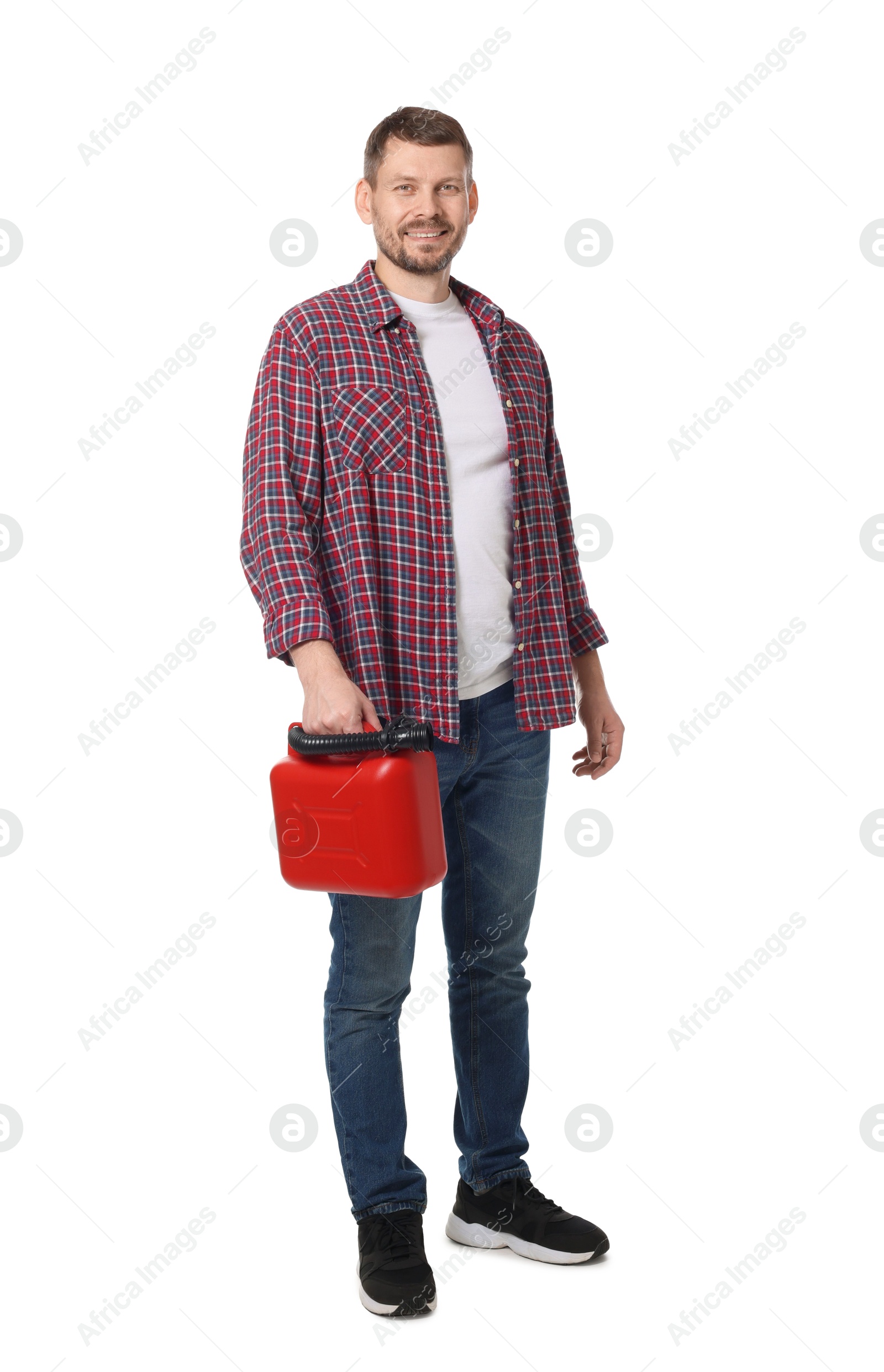 Man holding plastic canister on white background Photo of Man holding plastic canister on white background
