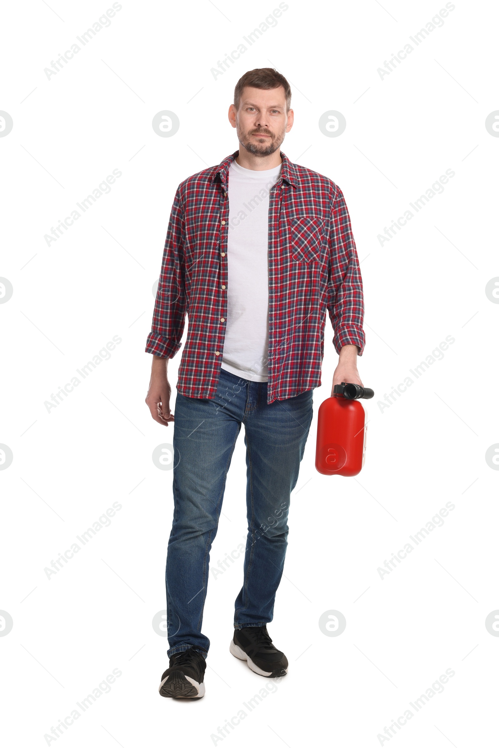 Man holding plastic canister on white background Photo of Man holding plastic canister on white background