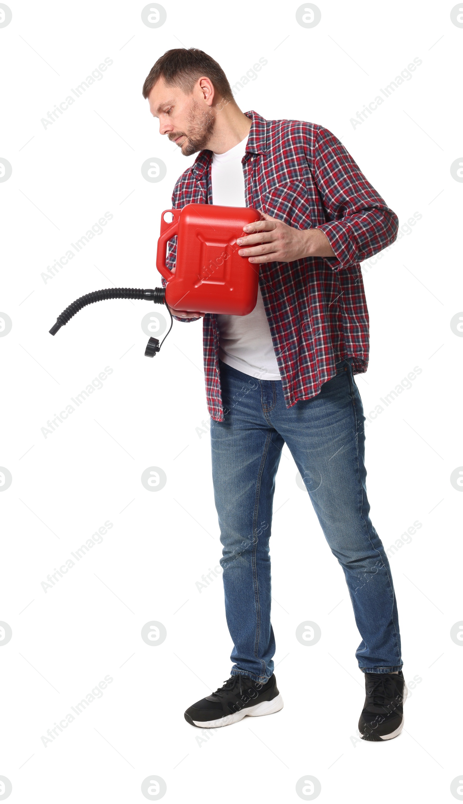 Man holding plastic canister on white background Photo of Man holding plastic canister on white background