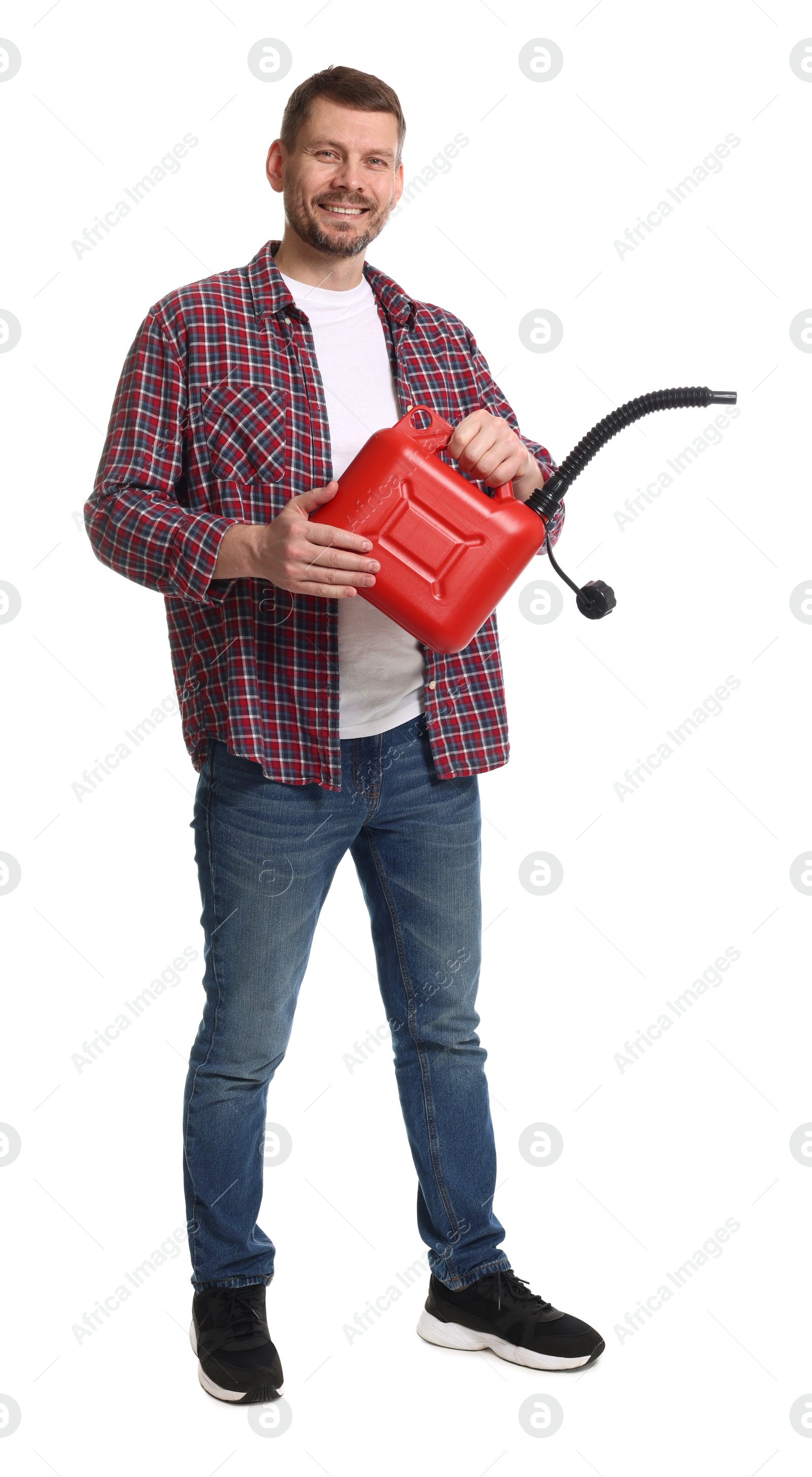 Man holding plastic canister on white background Photo of Man holding plastic canister on white background