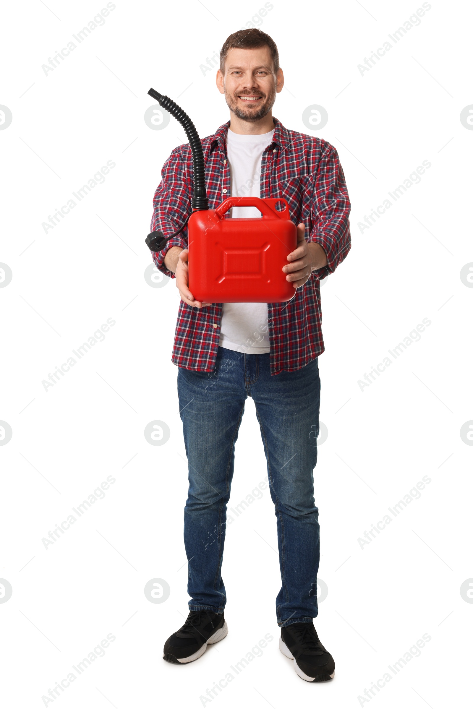 Man holding plastic canister on white background Photo of Man holding plastic canister on white background