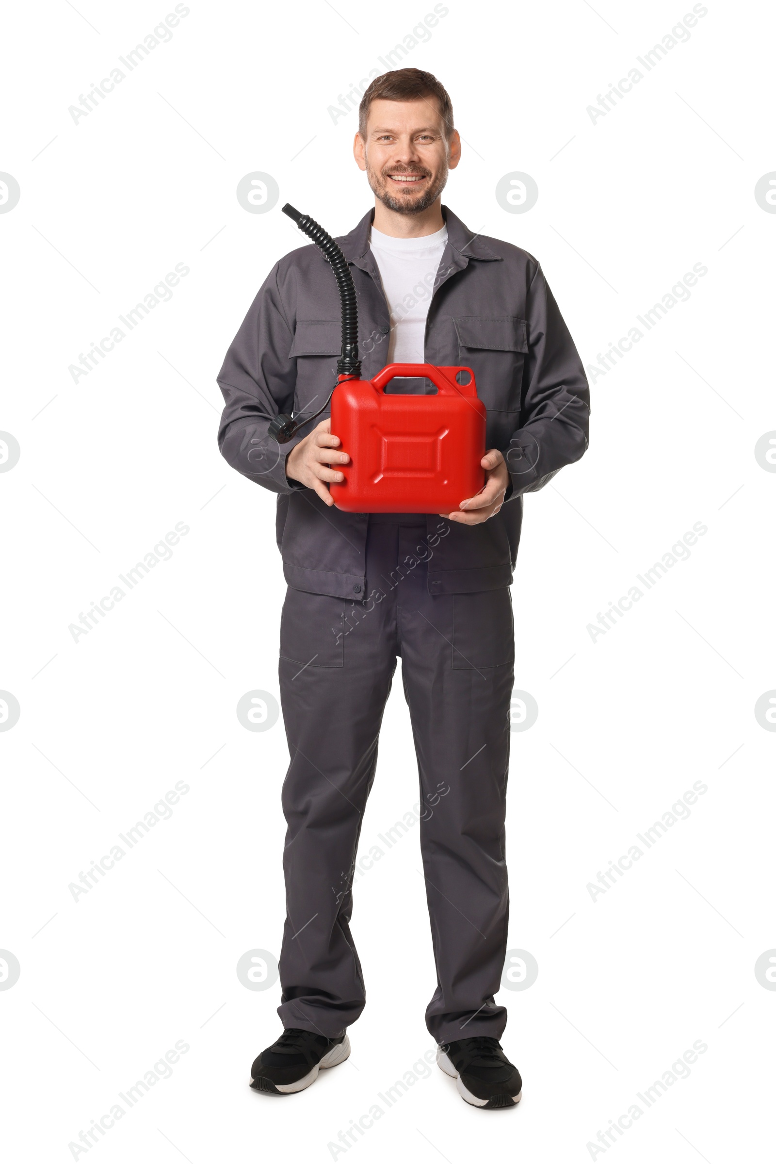 Man holding plastic canister on white background Photo of Man holding plastic canister on white background