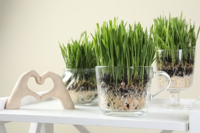 Photo of Wheat grass in transparent pots and decor on white shelf against beige background