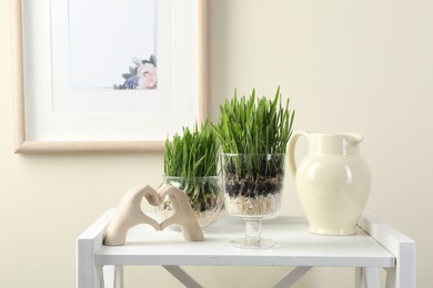 Photo of Wheat grass in transparent pots and decor indoors