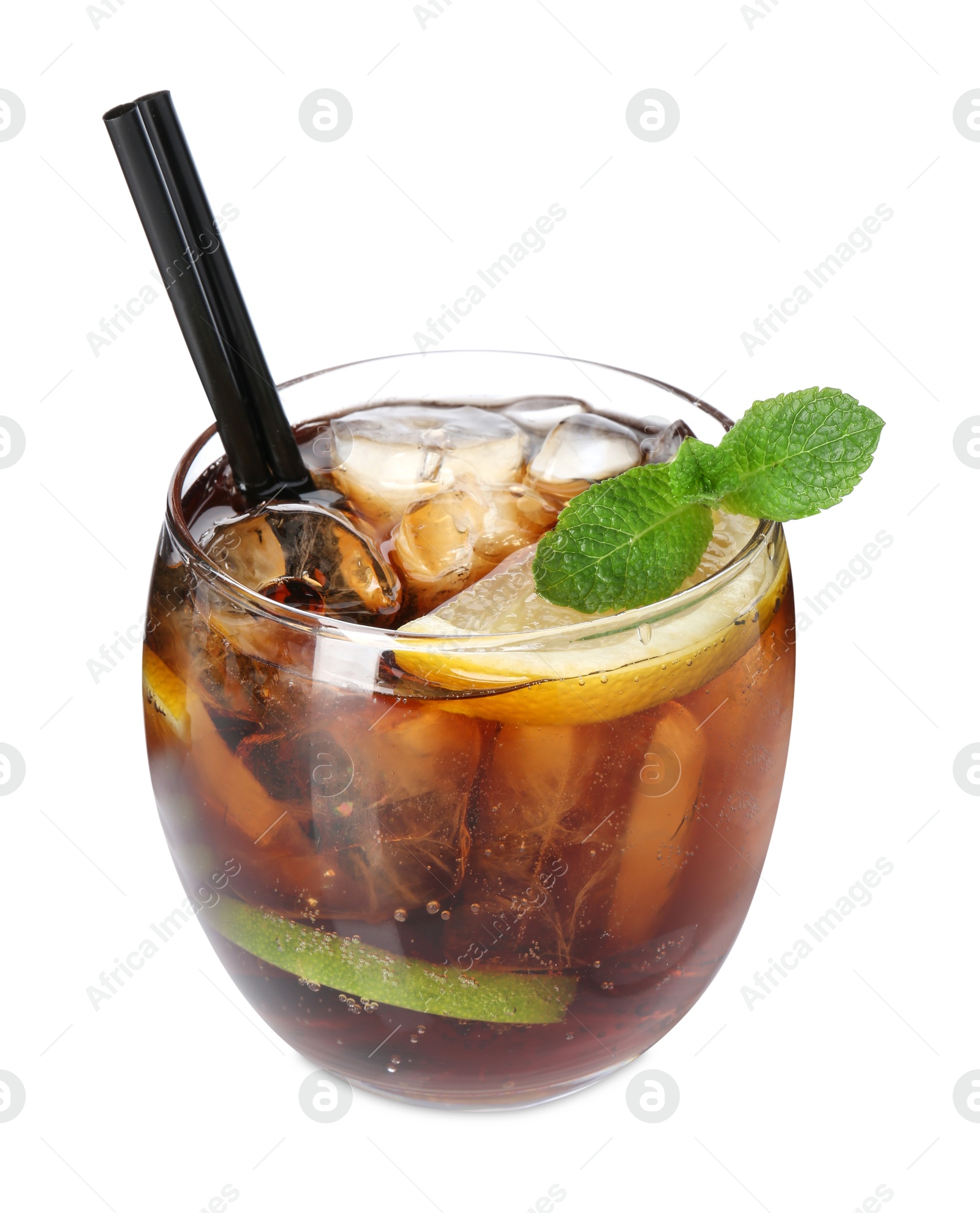 Refreshing Cuba libre cocktail with mint isolated on white Photo of Refreshing Cuba libre cocktail with mint isolated on white