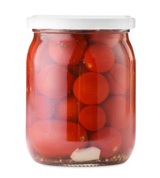 Photo of Tasty pickled tomatoes in jar isolated on white