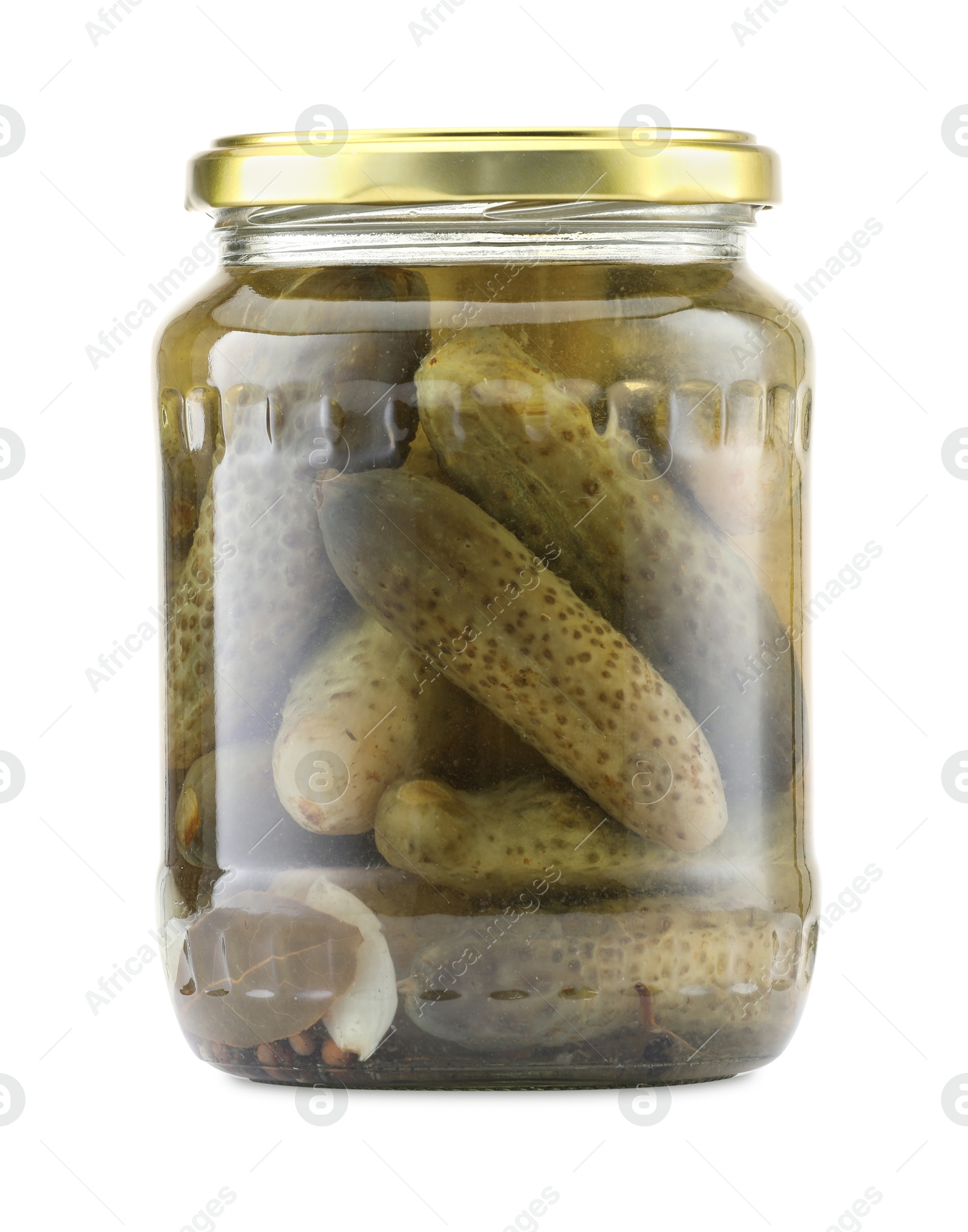 Tasty pickles in jar isolated on white Photo of Tasty pickles in jar isolated on white