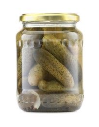 Photo of Tasty pickles in jar isolated on white