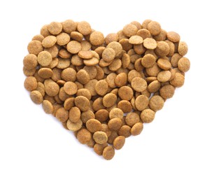 Photo of Heart shape made of dry pet food isolated on white, top view