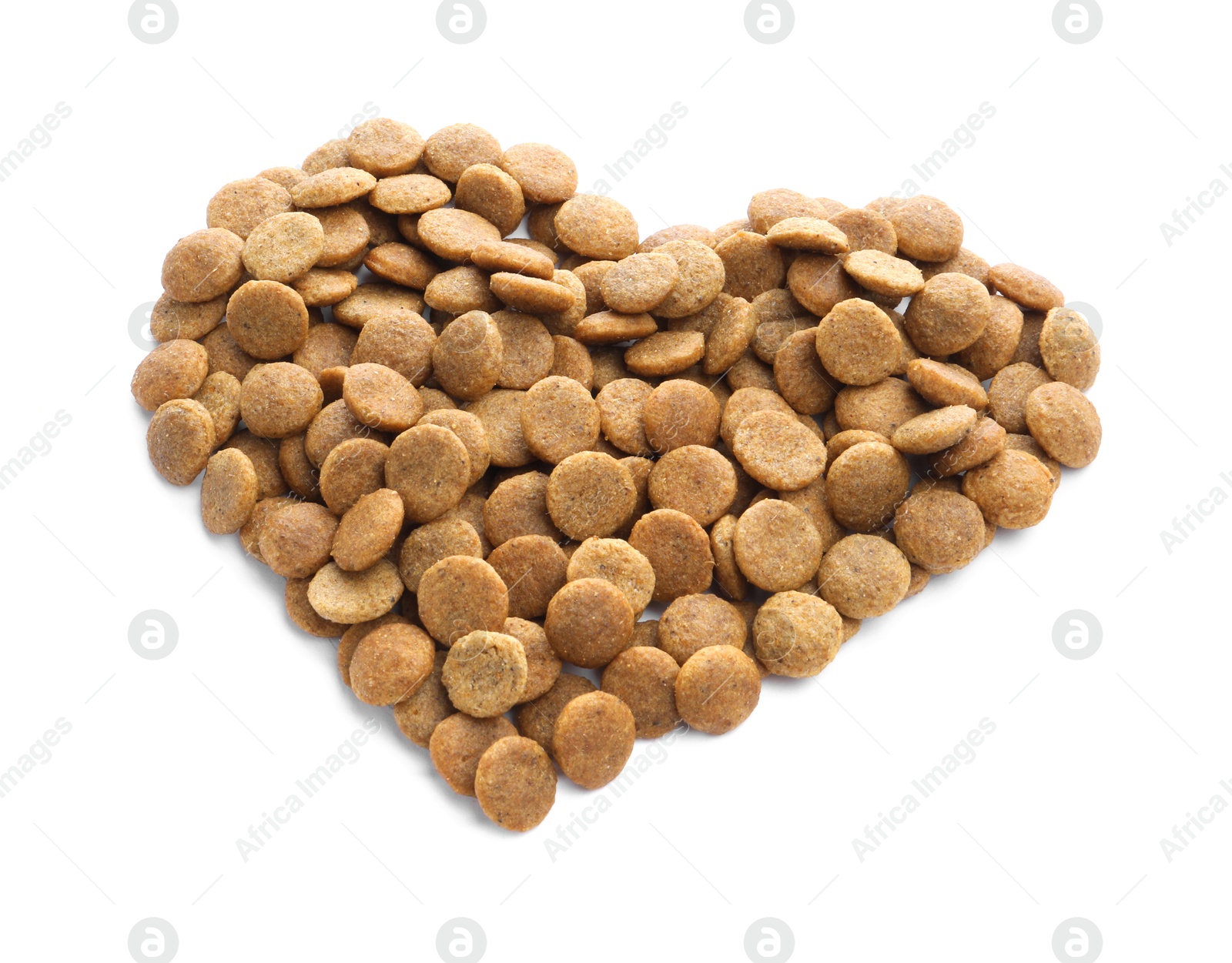 Heart shape made of dry pet food isolated on white Photo of Heart shape made of dry pet food isolated on white