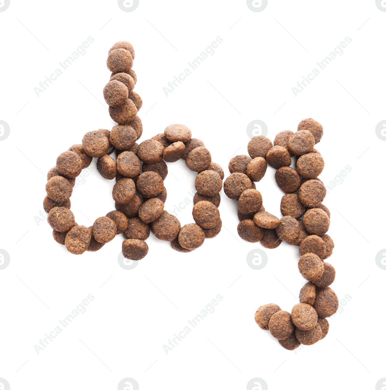 Word Dog made of dry pet food isolated on white, top view Photo of Word Dog made of dry pet food isolated on white, top view