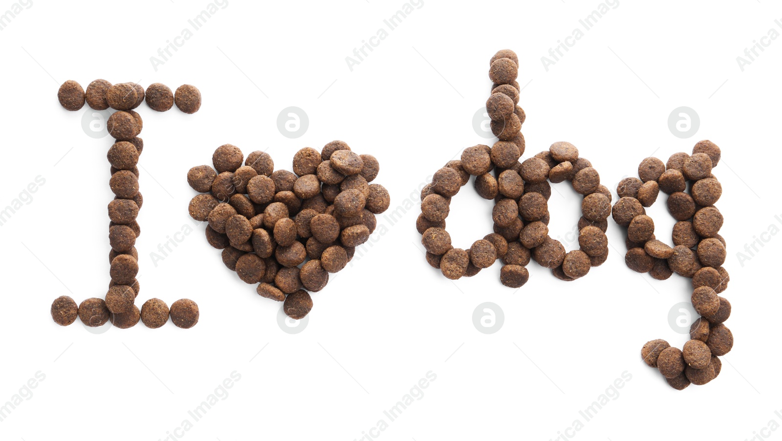 Phrase I love dog made of dry pet food isolated on white, top view Photo of Phrase I love dog made of dry pet food isolated on white, top view