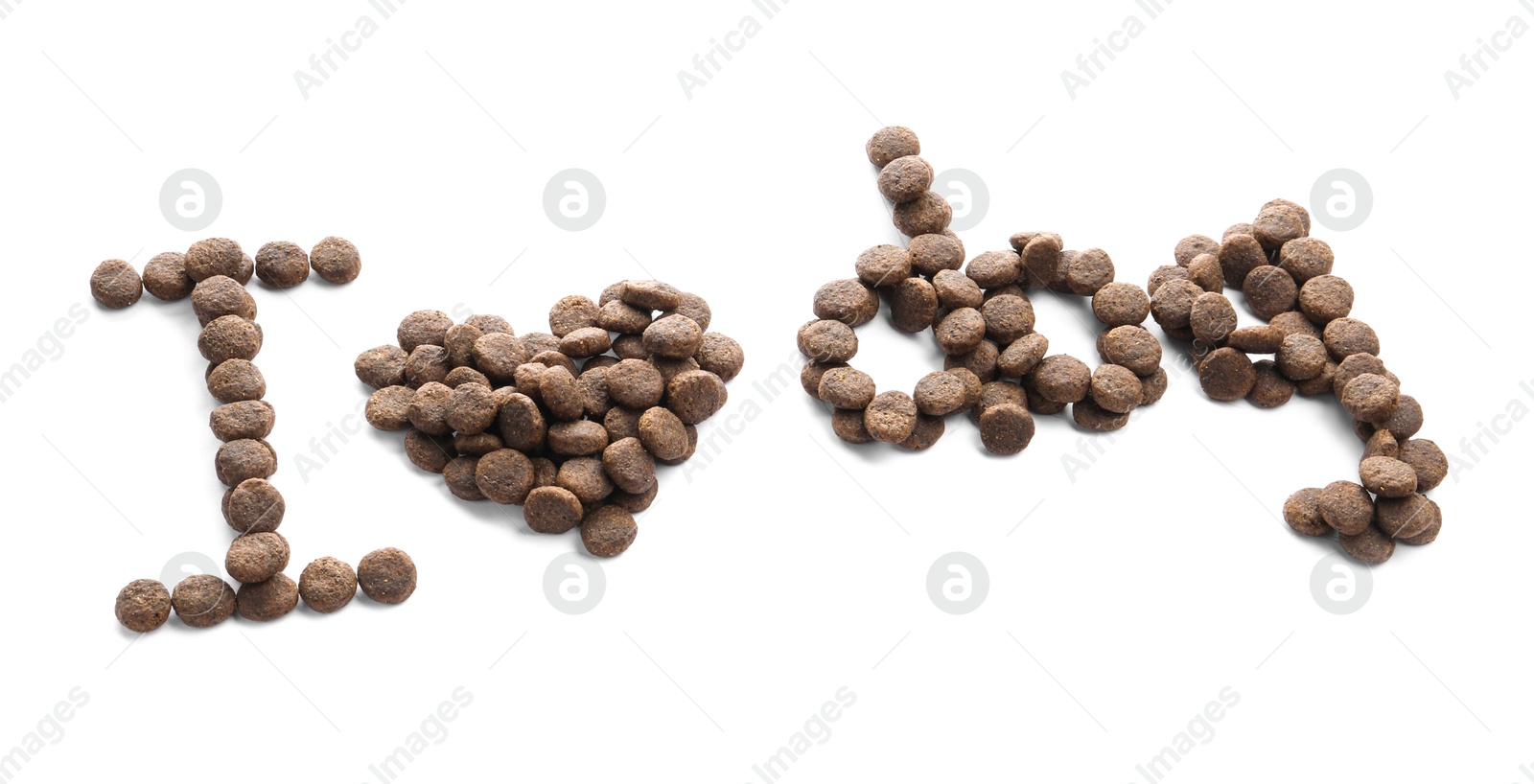 Phrase I love dog made of dry pet food isolated on white Photo of Phrase I love dog made of dry pet food isolated on white