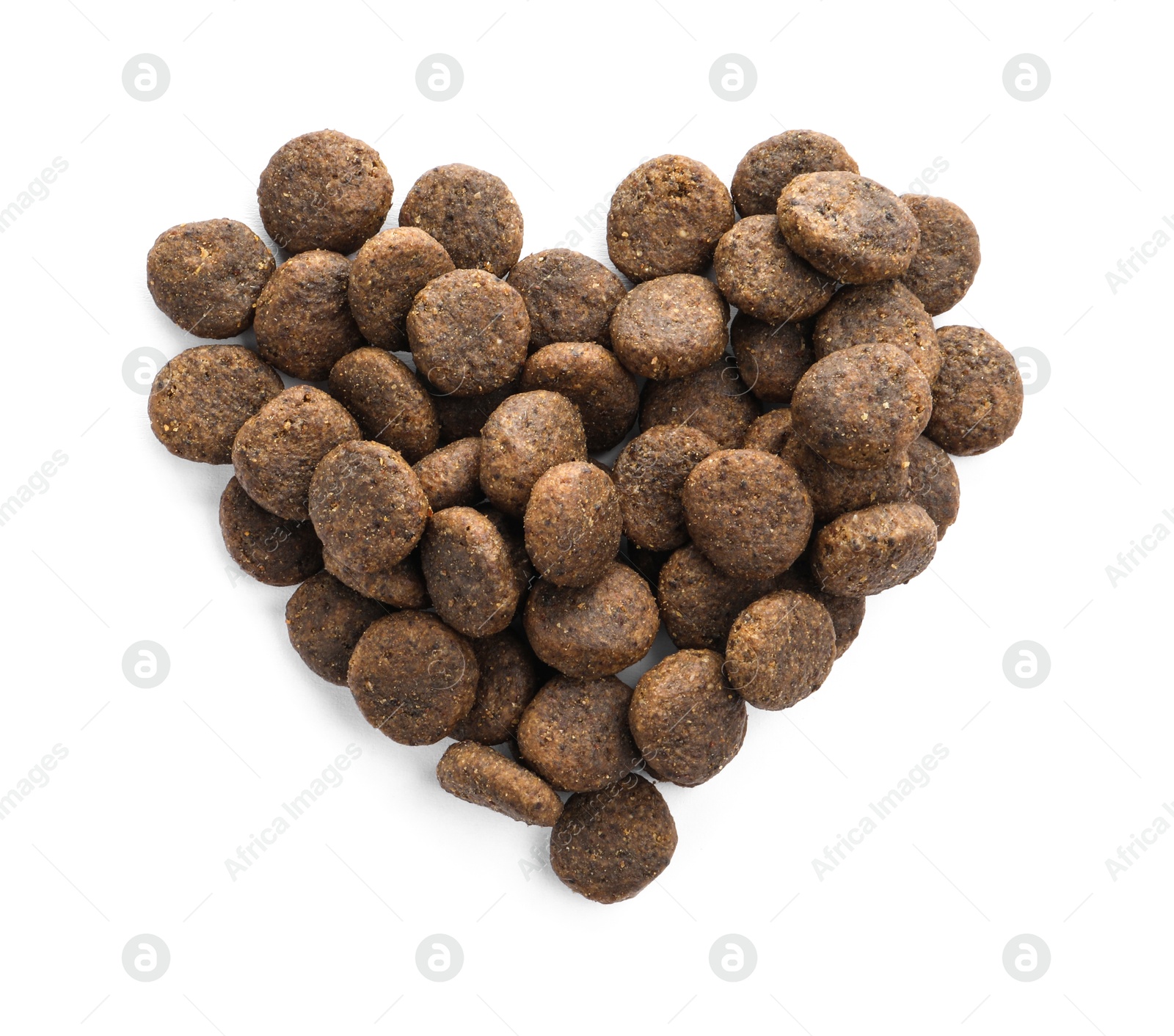 Heart shape made of dry pet food isolated on white, top view Photo of Heart shape made of dry pet food isolated on white, top view