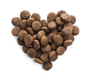 Photo of Heart shape made of dry pet food isolated on white, top view