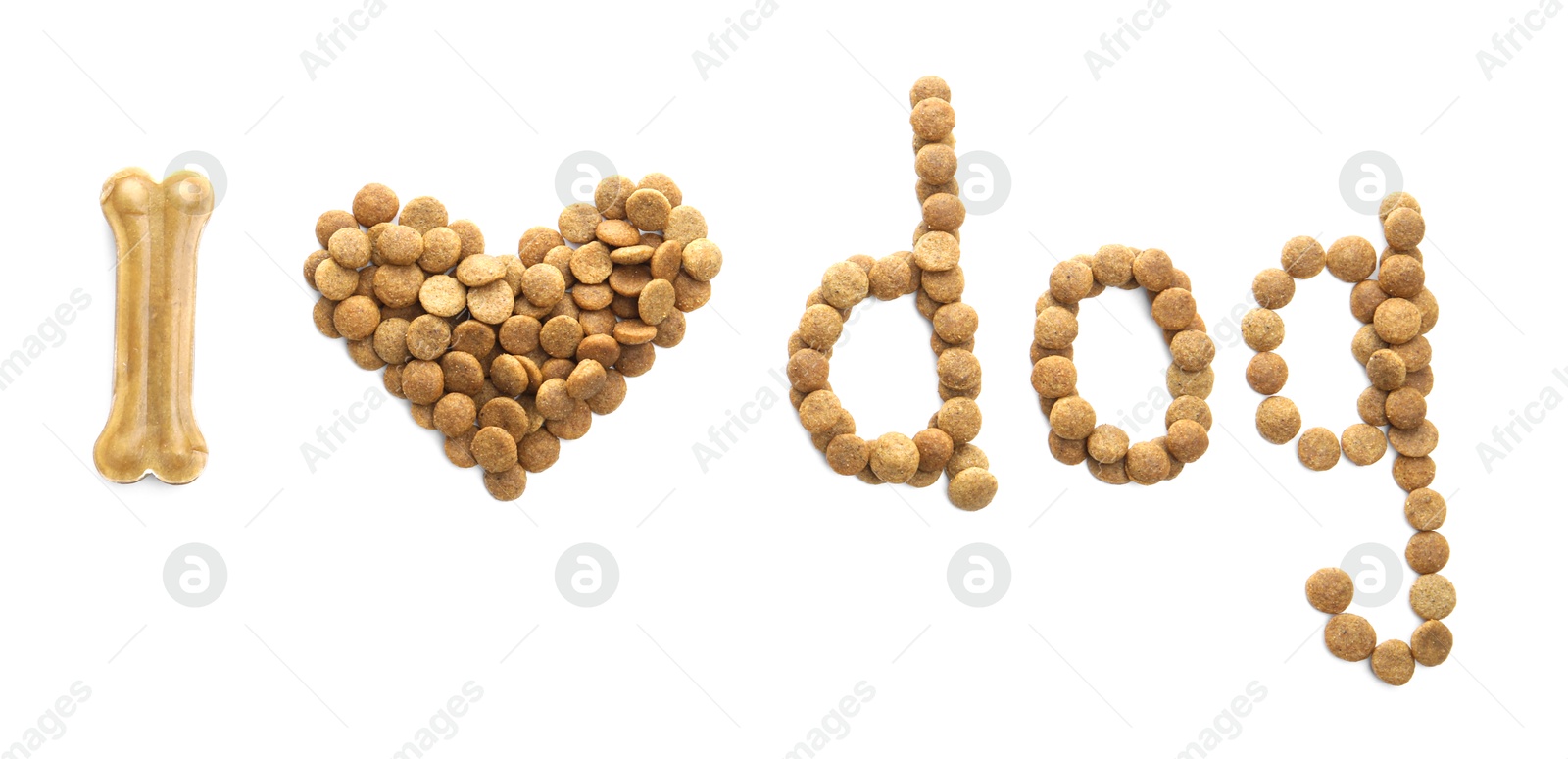 Phrase I love dog made of dry pet food and chew bone isolated on white, top view Photo of Phrase I love dog made of dry pet food and chew bone isolated on white, top view