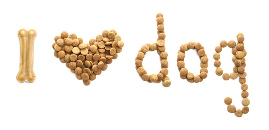 Photo of Phrase I love dog made of dry pet food and chew bone isolated on white, top view