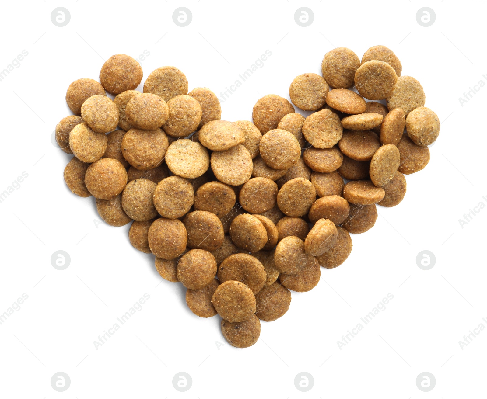 Heart shape made of dry pet food isolated on white, top view Photo of Heart shape made of dry pet food isolated on white, top view