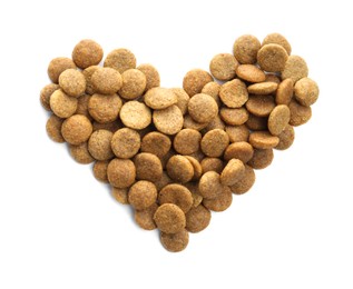 Photo of Heart shape made of dry pet food isolated on white, top view