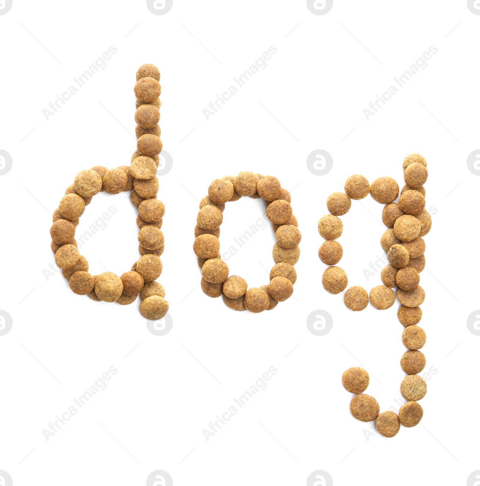 Word Dog made of dry pet food isolated on white, top view Photo of Word Dog made of dry pet food isolated on white, top view