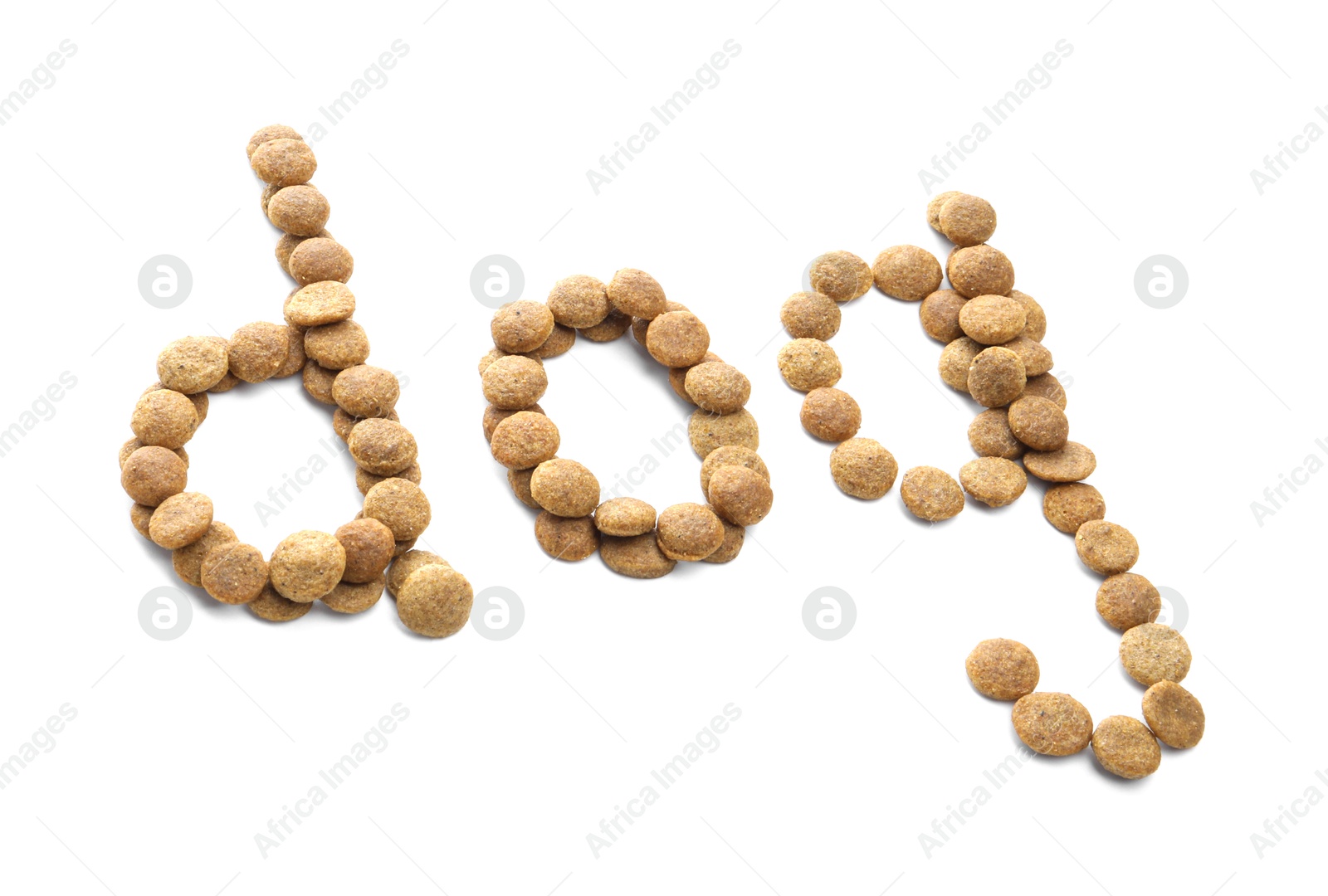 Word Dog made of dry pet food isolated on white Photo of Word Dog made of dry pet food isolated on white