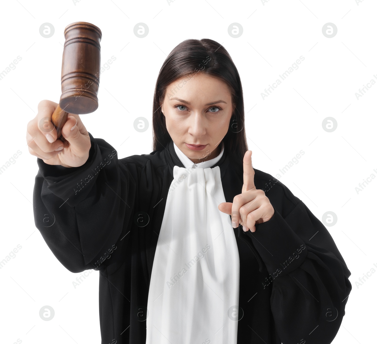Portrait of judge with mallet on white background Photo of Portrait of judge with mallet on white background