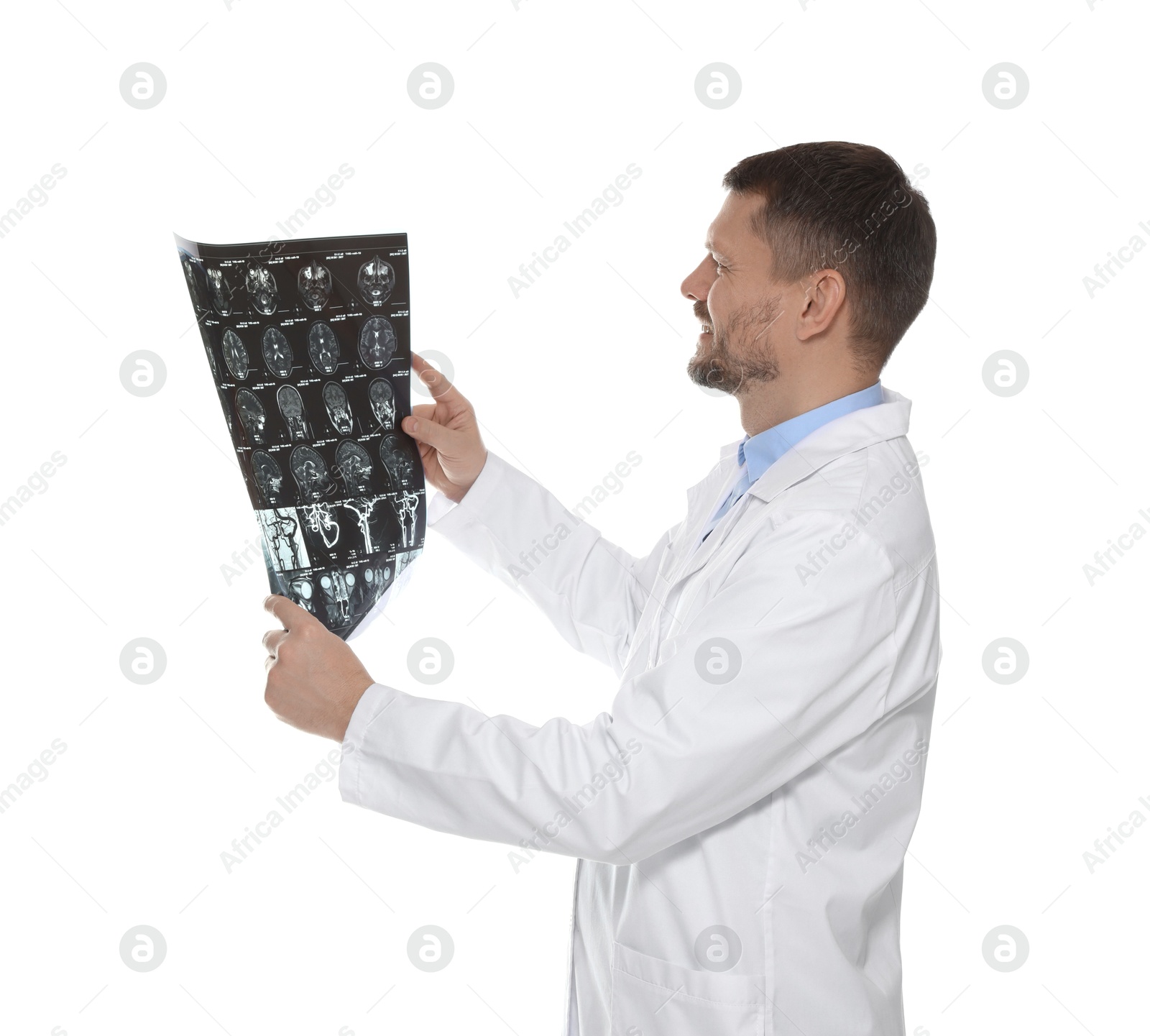 Doctor examining brain MRI scan in clinic on white background Photo of Doctor examining brain MRI scan in clinic on white background
