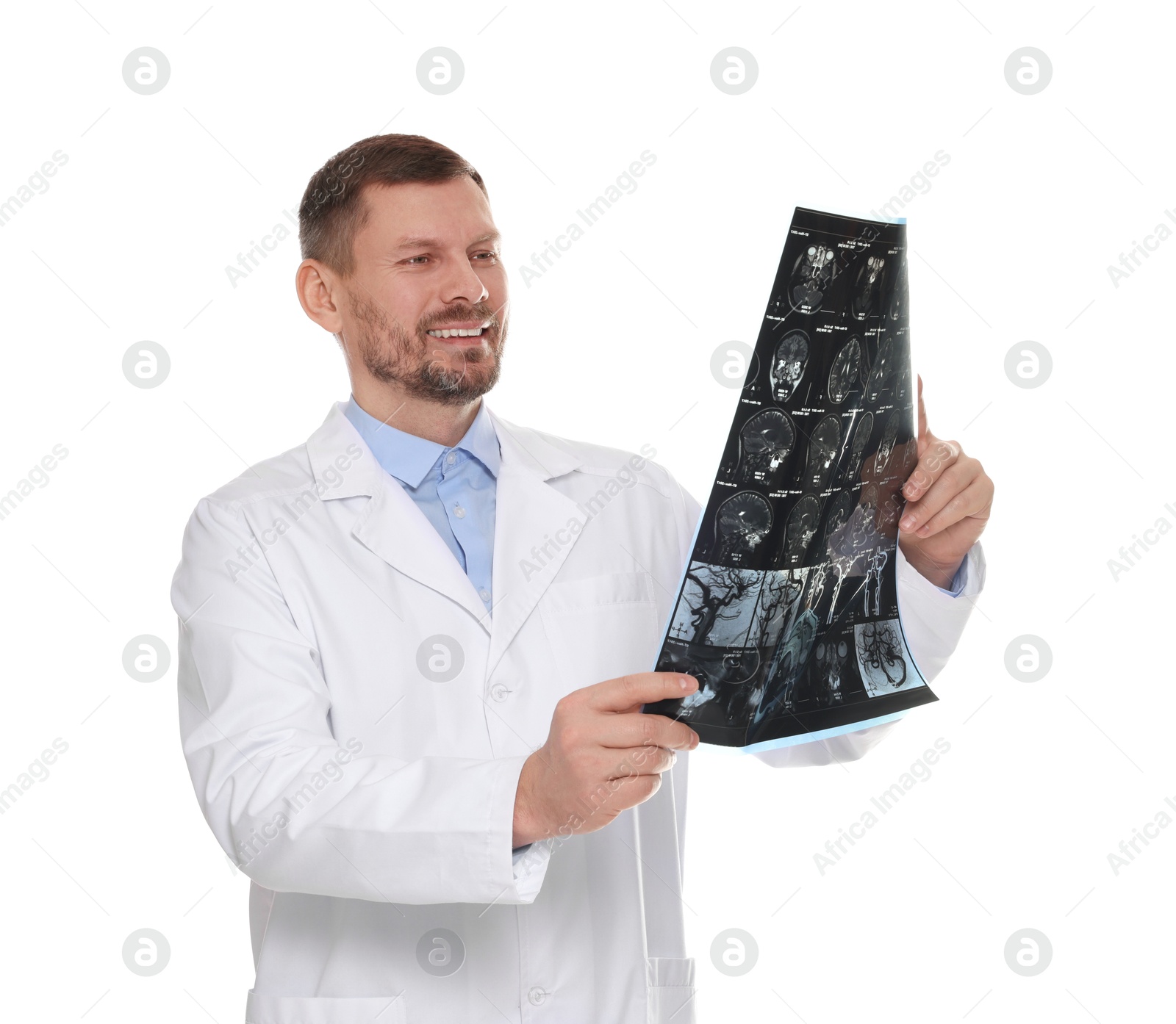 Doctor examining brain MRI scan in clinic on white background Photo of Doctor examining brain MRI scan in clinic on white background